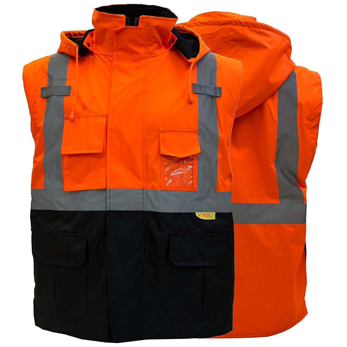 Men's High Visibility Safety Bomber Jacket With Zipper, PVC Pocket, Black Bottom, Orange J3482