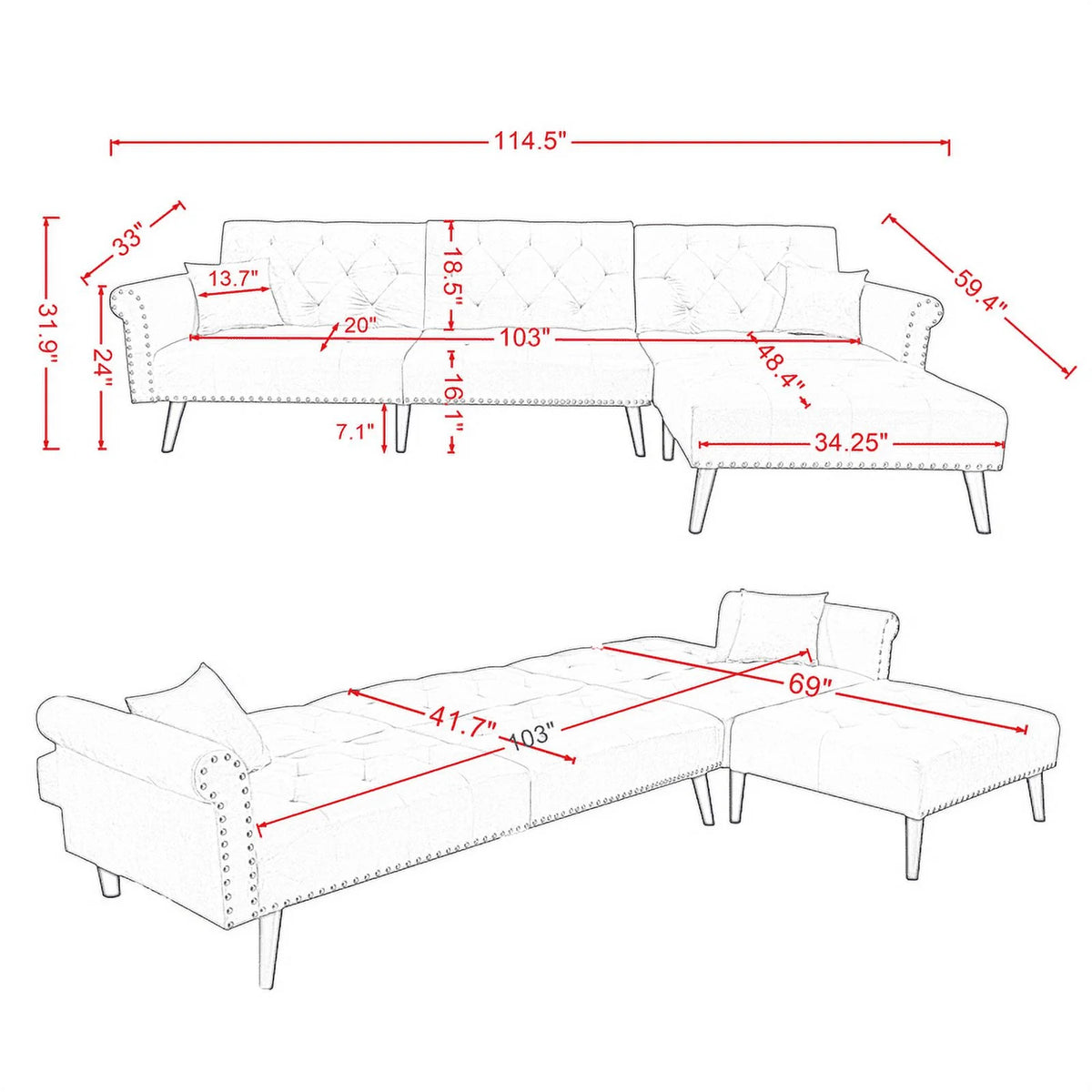 Velvet Convertible Sleeper Sectional Sofa G594
