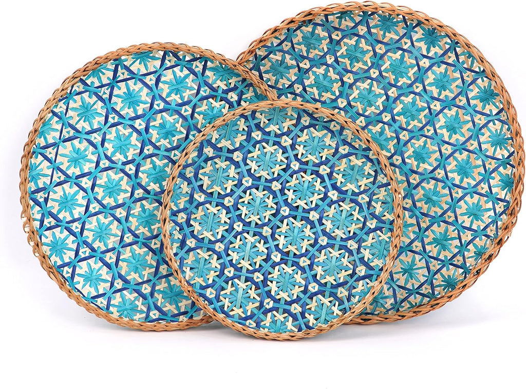 Teal Blue Floral Woven Bamboo Wall Basket Set of 2 F863167