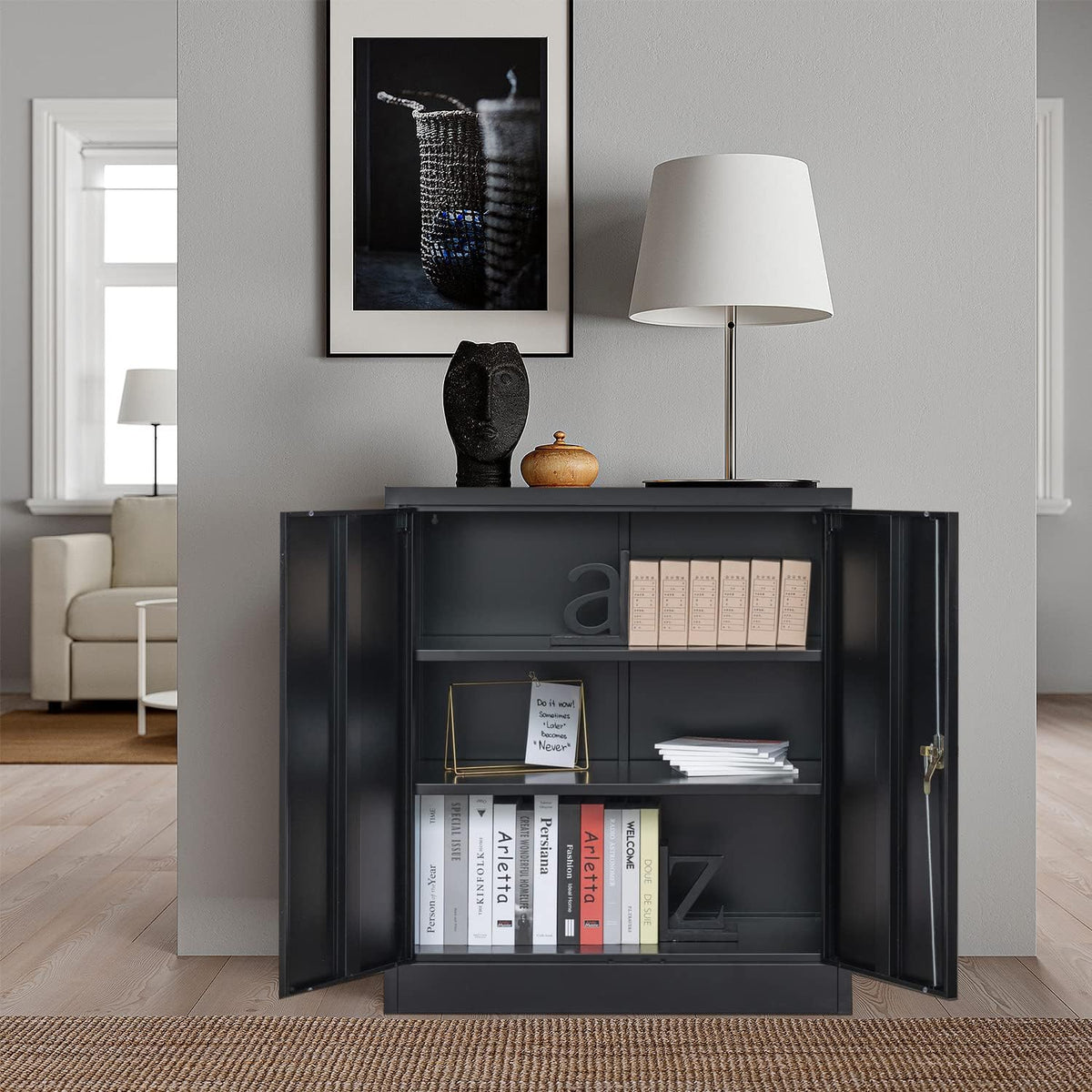 Metal Storage Cabinet with 2 Shelves and 2 Doors, Steel Locking Cabinet, 36.2 H x 31.5 W x 15.7 D (Black) F28634