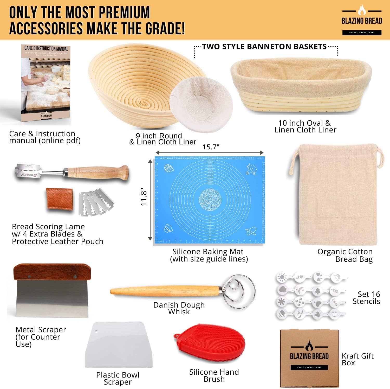 Round & Oval Proofing Baskets with Lame Whisk Dough Scraper, 100% Natural Rattan Cane L932898