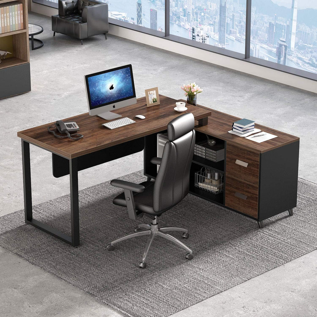 55 Inch L-Shaped Computer Desk with Drawers and File Cabinet H56218