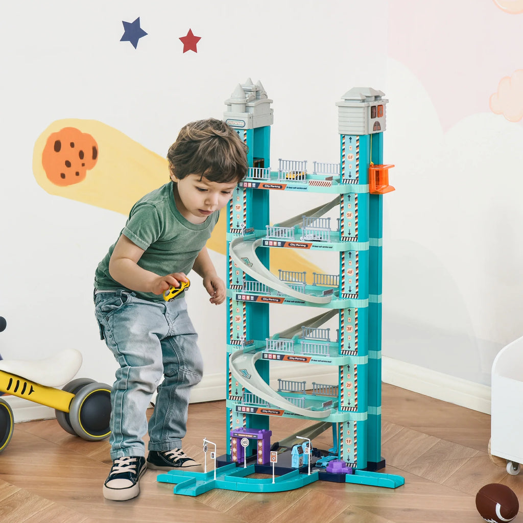 City Garage Playset with 98 Pieces Accessories Set, 6-Level Car Parking Playsets Toy with Manual and Electric Elevators Wash, Gas, Ejector & Car Repair Station P24561