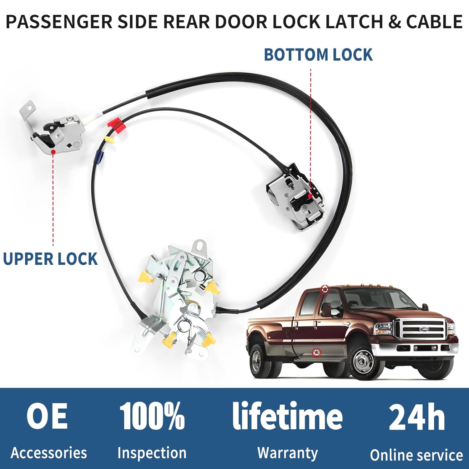 Right Passenger Side Rear Door Lock Latch & Cable for Ford F250 F350 F450 F550 Super Duty 1999-2007, Upper and Lower Latches Assembly, Pack of 2 E602