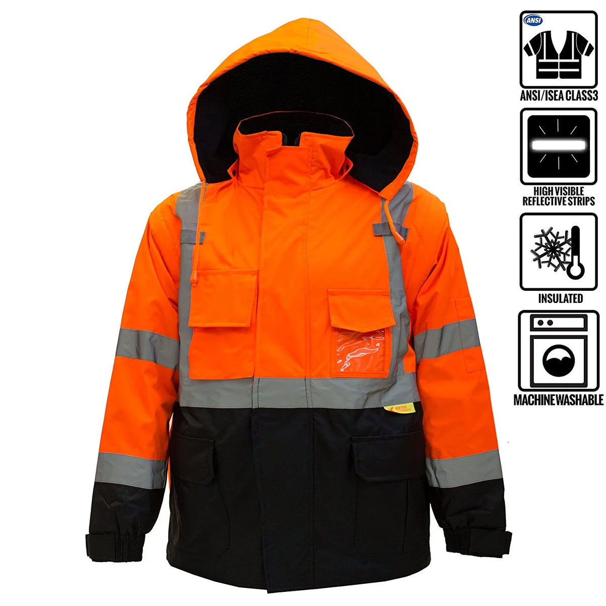 Men's High Visibility Safety Bomber Jacket With Zipper, PVC Pocket, Black Bottom, Orange J3482