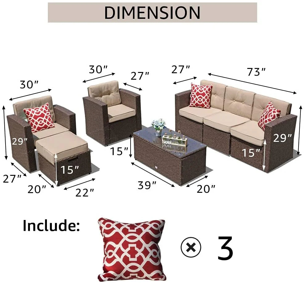 7 Piece PE Wicker Sofa Ottoman with 3 Red Pillows D9307