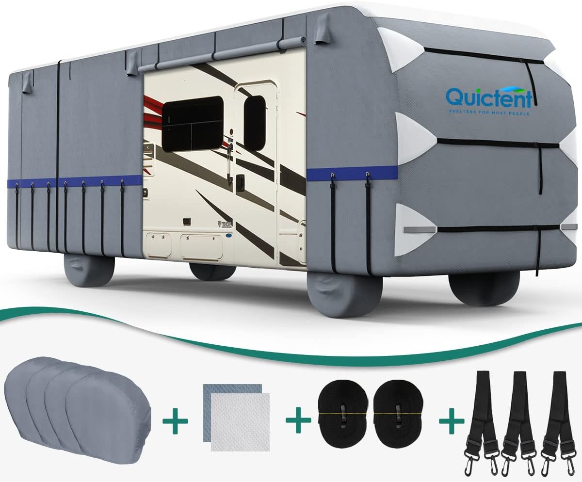 RV Cover, Extra-Thick 6-ply, Fits 40 - 43Ft Motorhome, with 2 Windproof Straps, 4 Tire Covers R885