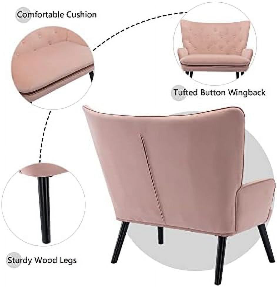 Pink Velvet Tufted Wingback Accent Chair with Solid Wood Legs A971