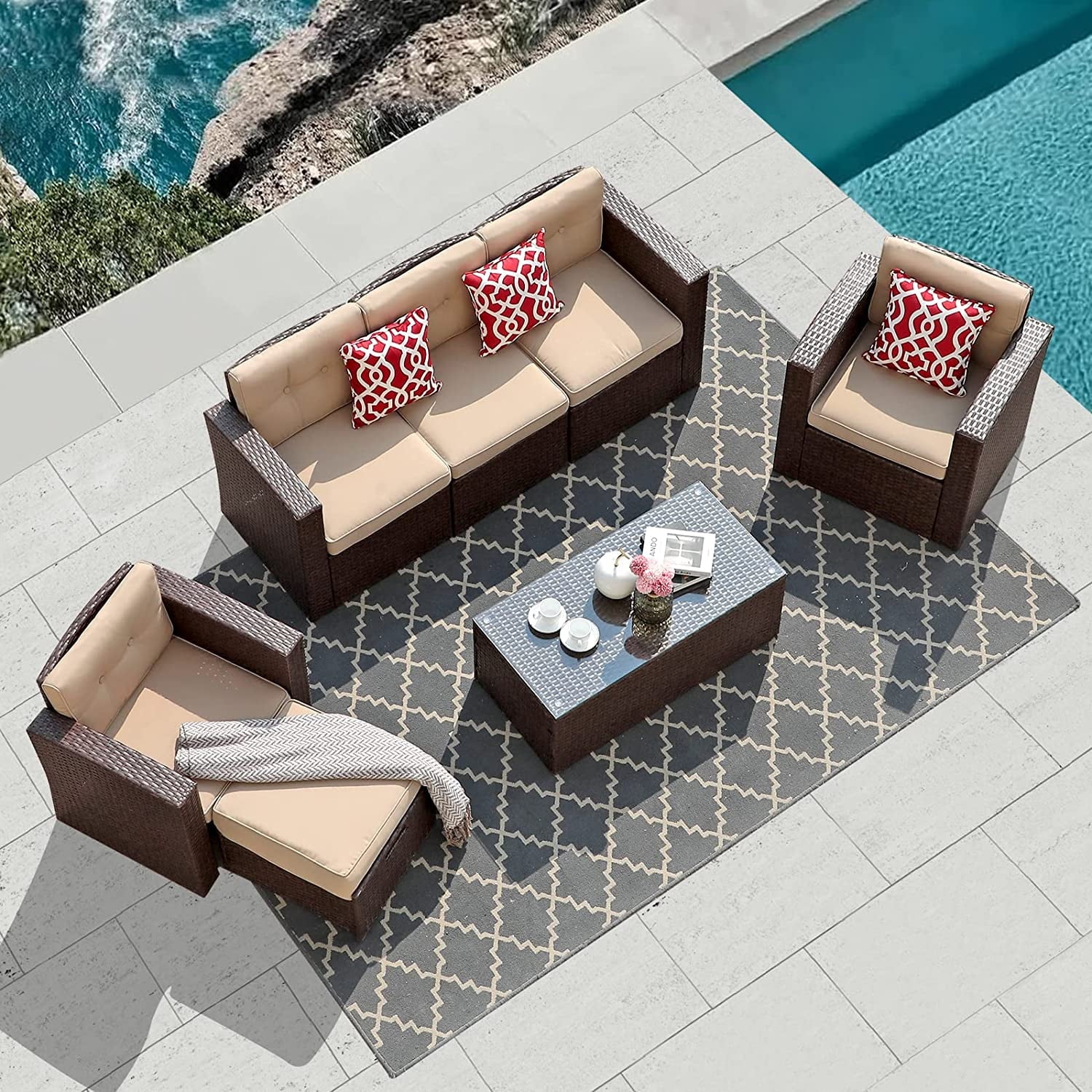 7 Piece PE Wicker Sofa Ottoman with 3 Red Pillows D9307