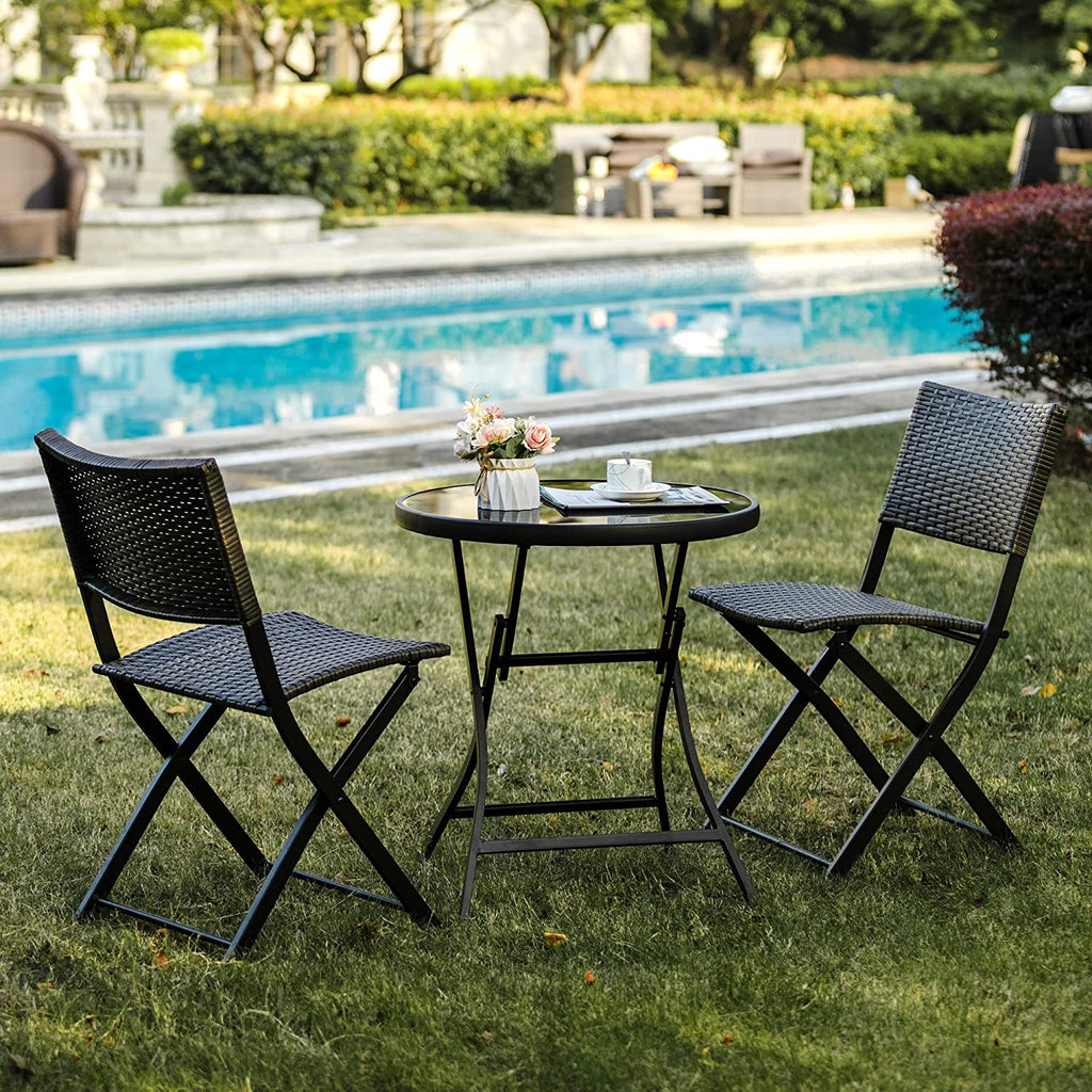 3 Pieces Wicker Patio Bistro Set with Folding Round Table and Chairs S97586