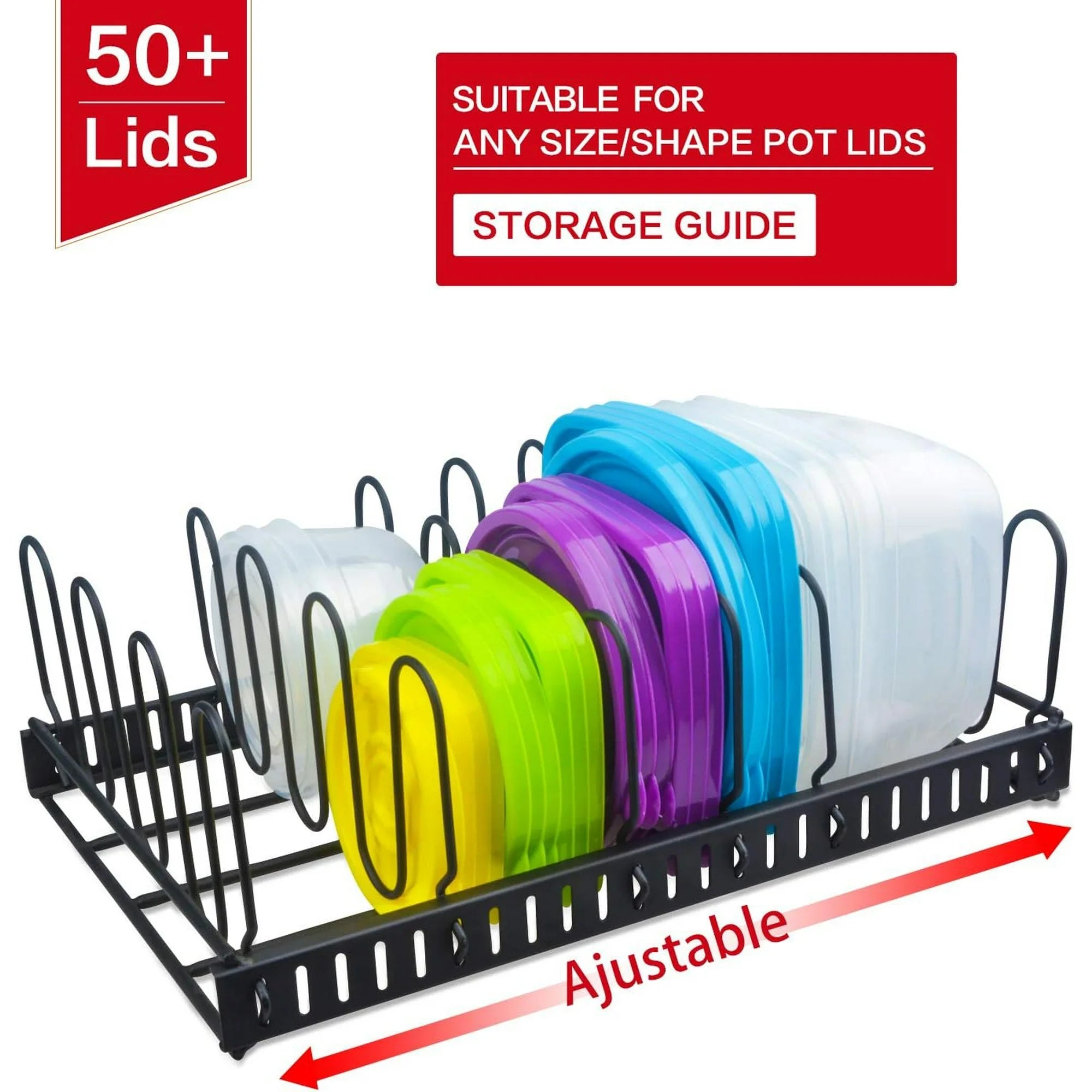 Adjustable 6 Compartment Metal Storage Container Lid Holder U951