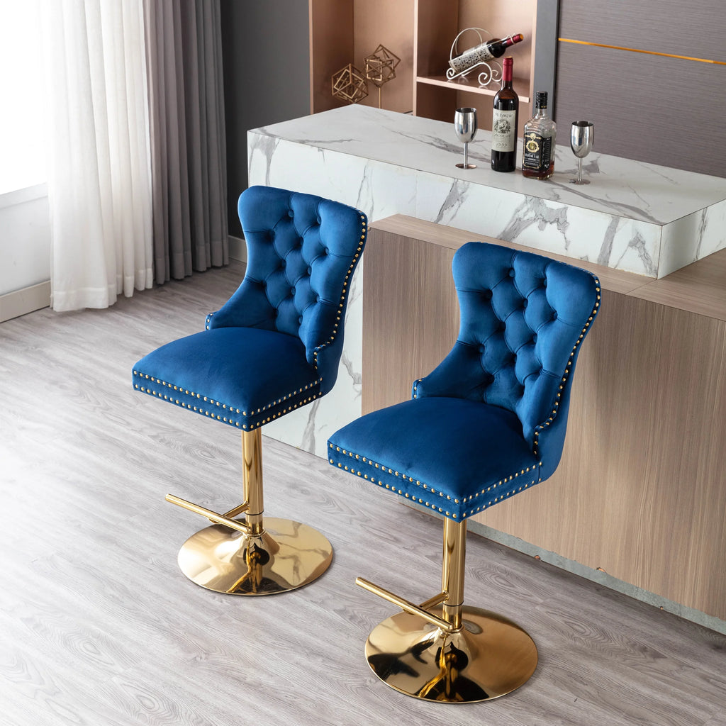 Blue Velvet Swivel Bar Stools Set Of 2 Adjustable Counter Height N6850
