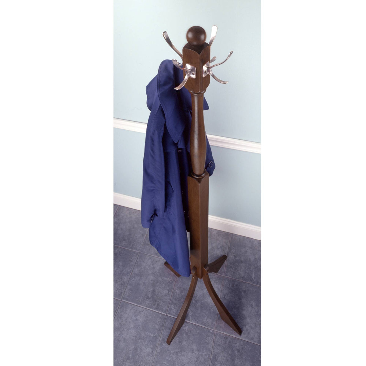 Polished Walnut Coat Rack Tree with 4 Stainless Hooks R6283