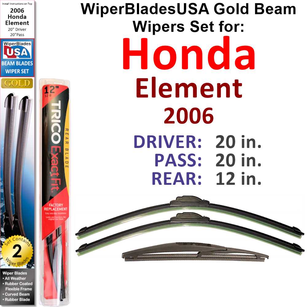2006 Honda Element Beam Wiper Blades Set of 3 with Rear Wiper G9358
