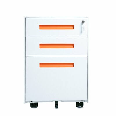 White/Orange 3-Drawer Mobile Metal File Cabinet with Lock D8939