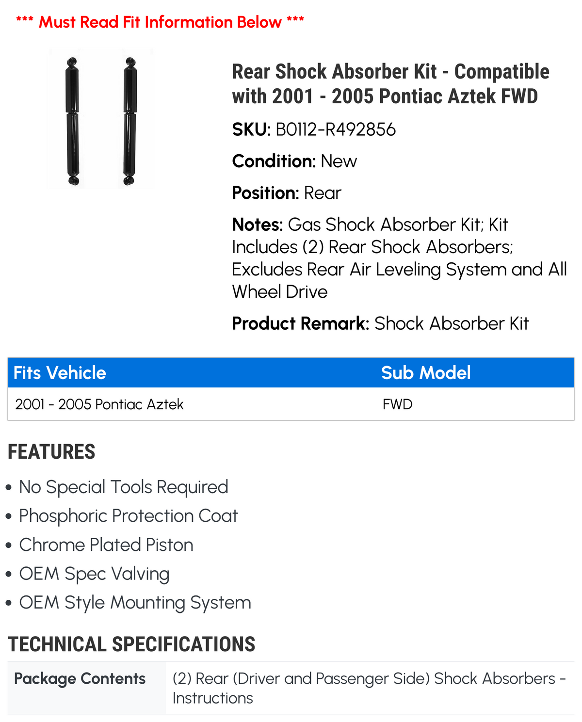 Rear Shock Absorber Kit for 2001-2005 Pontiac Aztek FWD H760