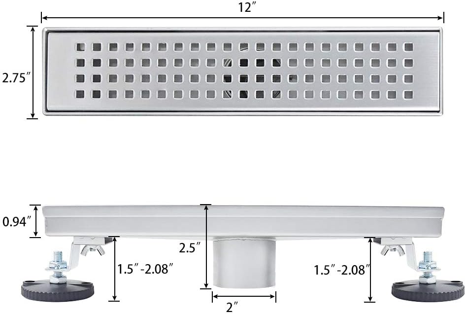 Brushed 304 Stainless Steel 12 inch Linear Shower Drain with Removable Grid Panel S16988