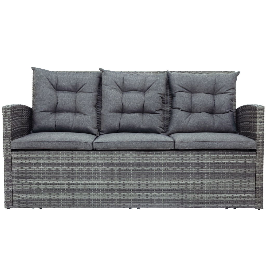 5 Piece Outdoor Patio Furniture Set with Storage Ottoman, 3 Seat Couch & 2 Arm Chairs, PE Wicker Sofa with Tempered Glass Table, Gray F966974