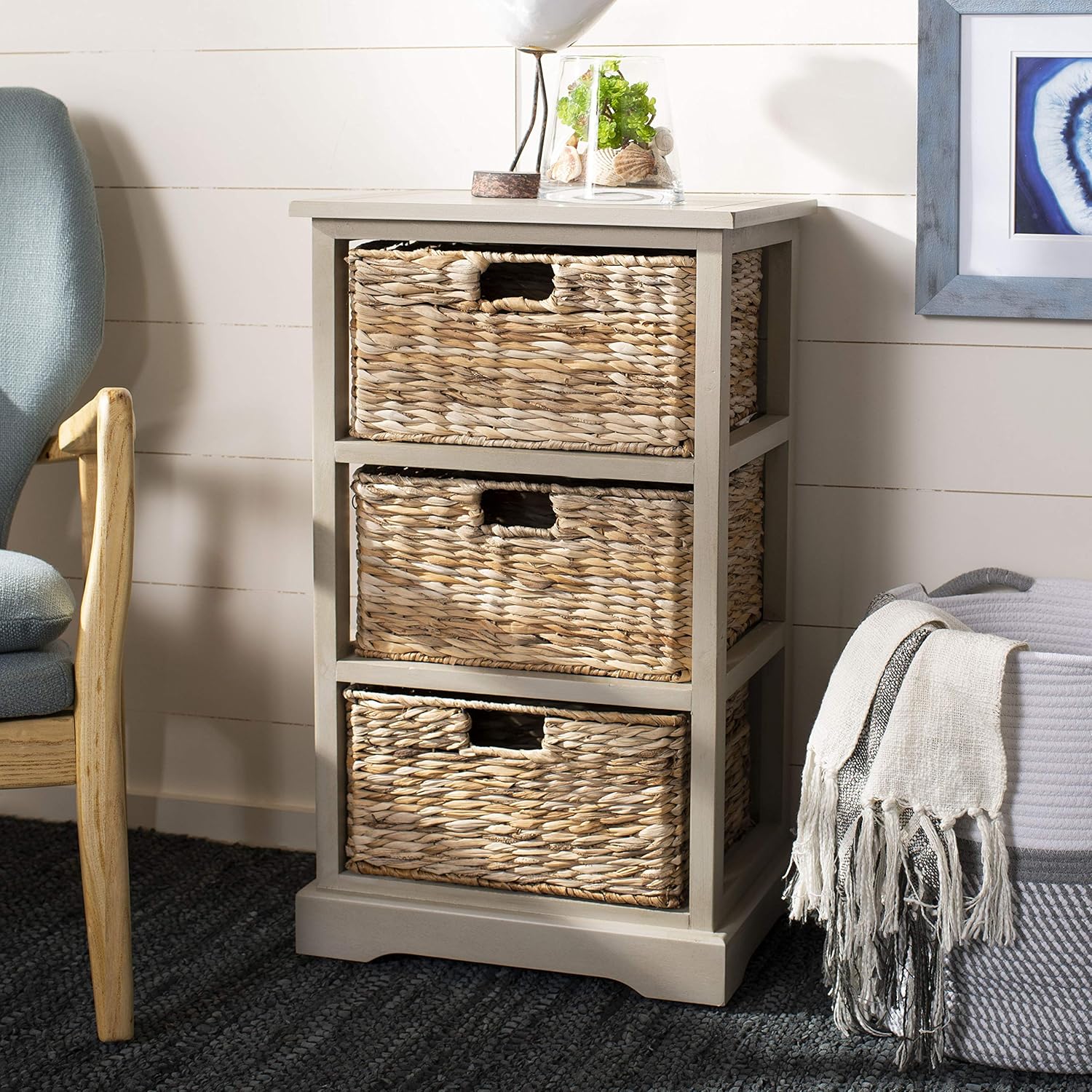 Distressed Black Wicker Basket Storage Side Table A75248