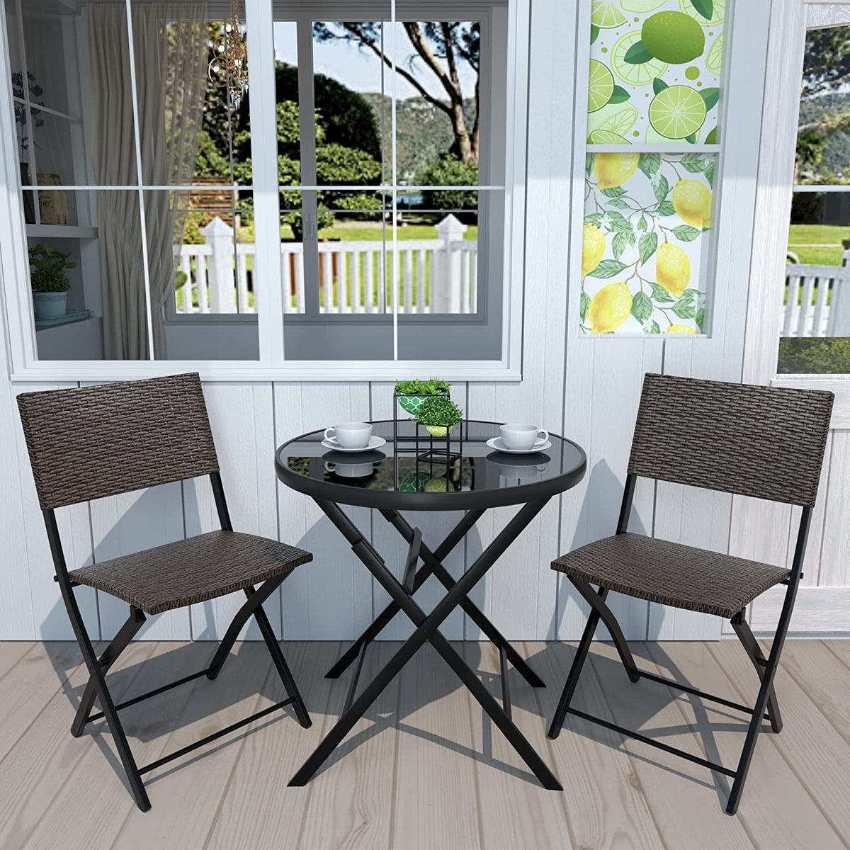 3 Pieces Wicker Patio Bistro Set with Folding Round Table and Chairs S97586