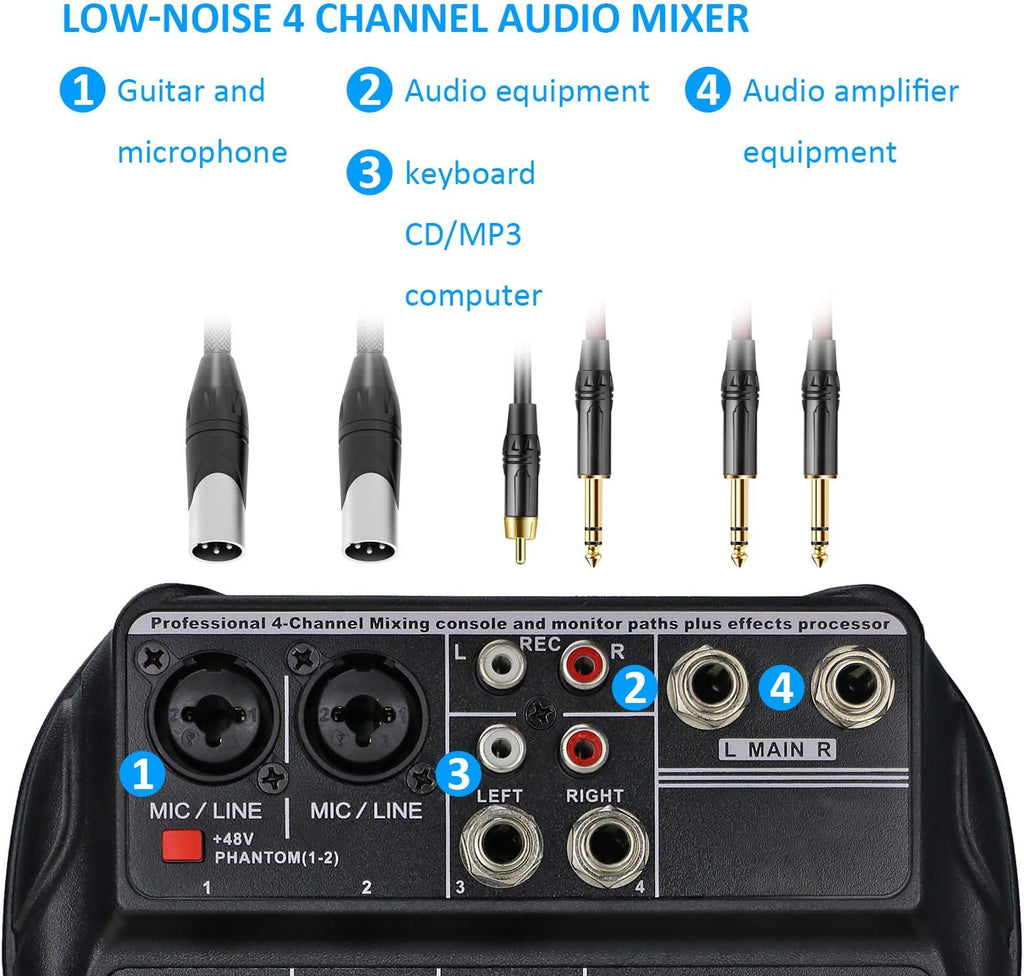 4 Channels Audio Mixer with Sound Card and 48V Phantom Power R9127