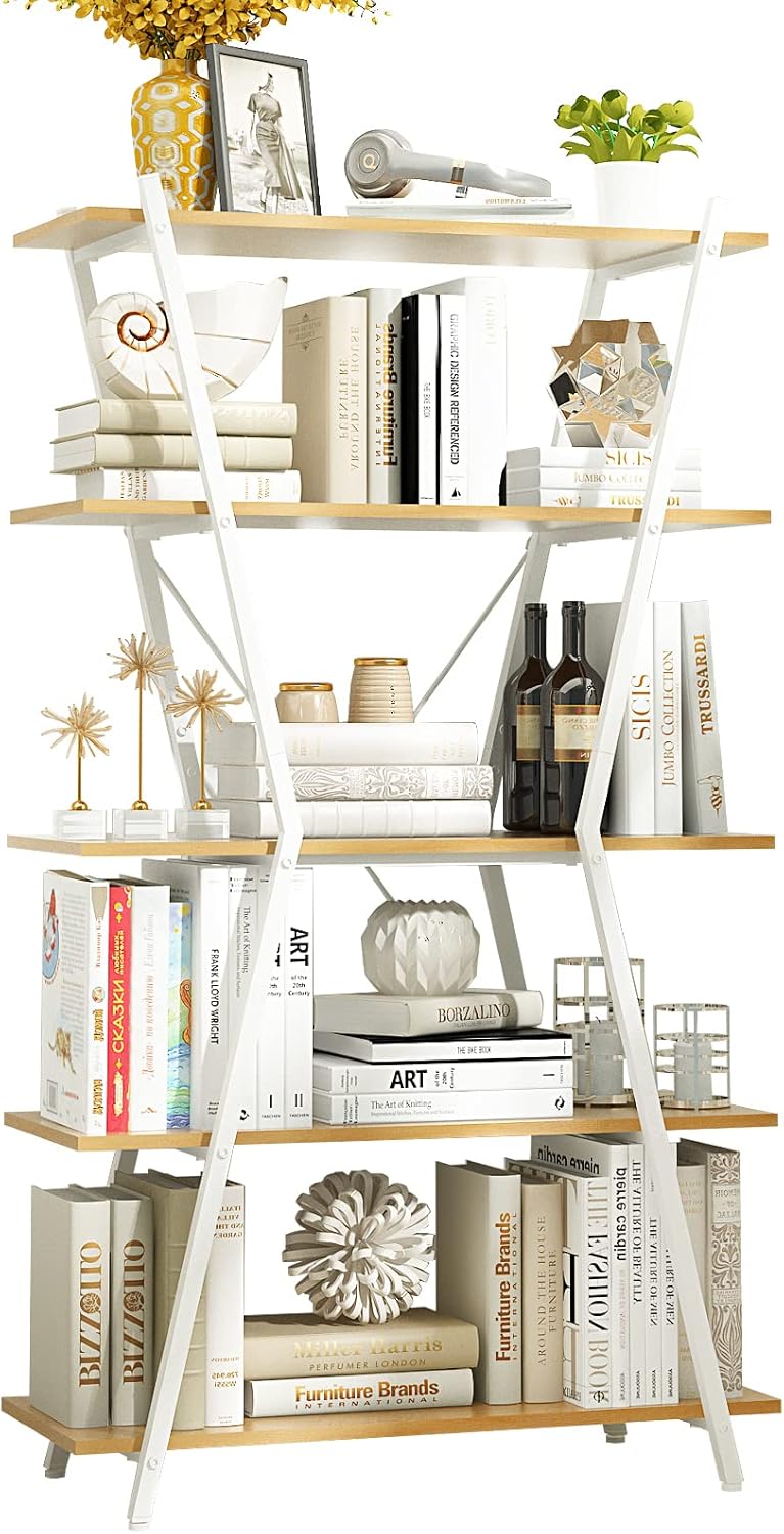 White 5 Tier Industrial Bookshelf with Metal Frame E977