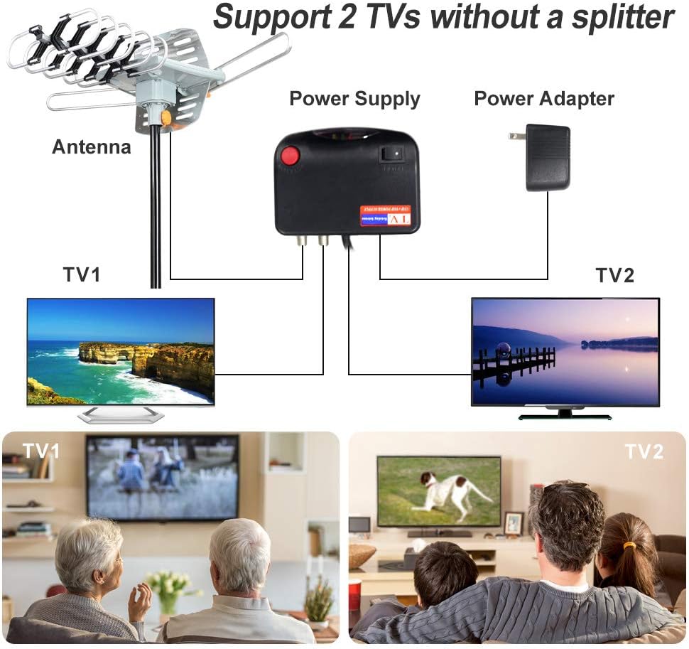 Amplified Digital Outdoor Antenna 150 Miles Range 360 Degree Rotation with 33FT Coax Cable V5086