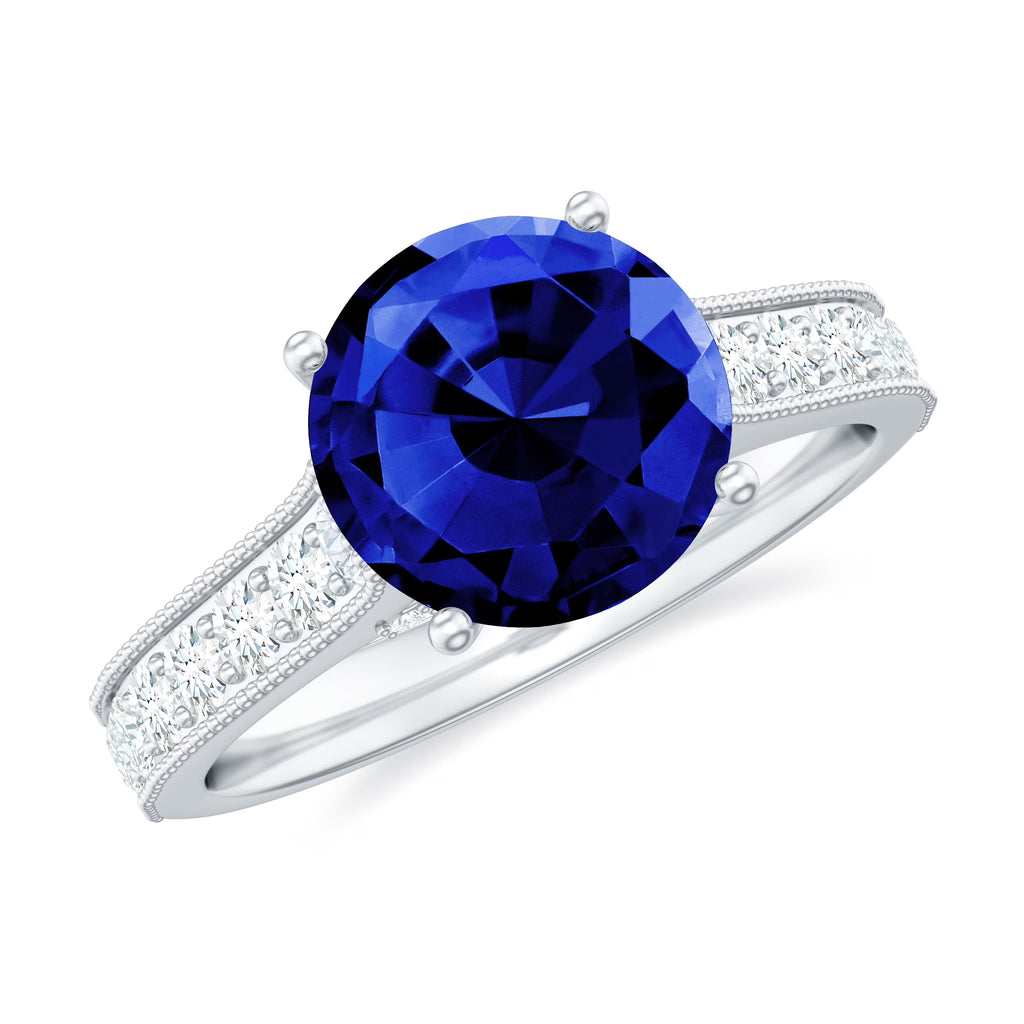 Created Blue Sapphire Solitaire Engagement Ring with Diamond, 925 Sterling Silver G95609