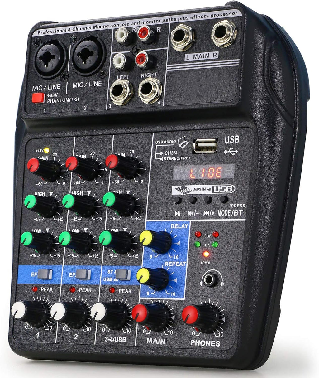 4 Channels Audio Mixer with Sound Card and 48V Phantom Power R9127