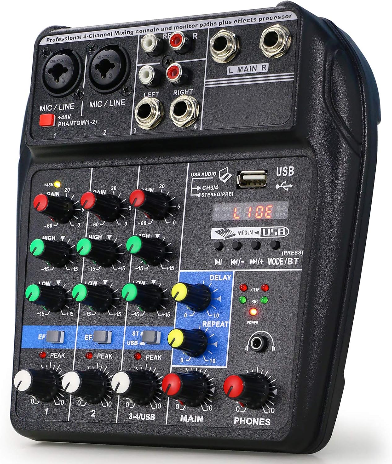 4 Channels Audio Mixer with Sound Card and 48V Phantom Power R9127