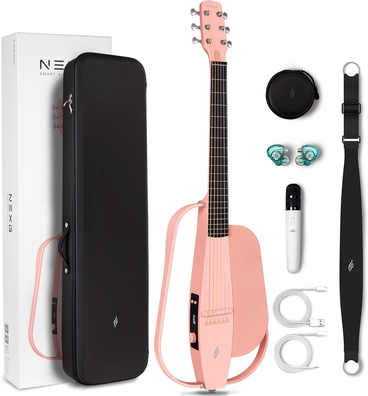 Carbon Fiber Acoustic-Electric Guitar with 50W Wireless Speaker, Preamp, Wireless Microphone, Hi-Fi Monitor Earphones, Strap, and Case (Black) O39488