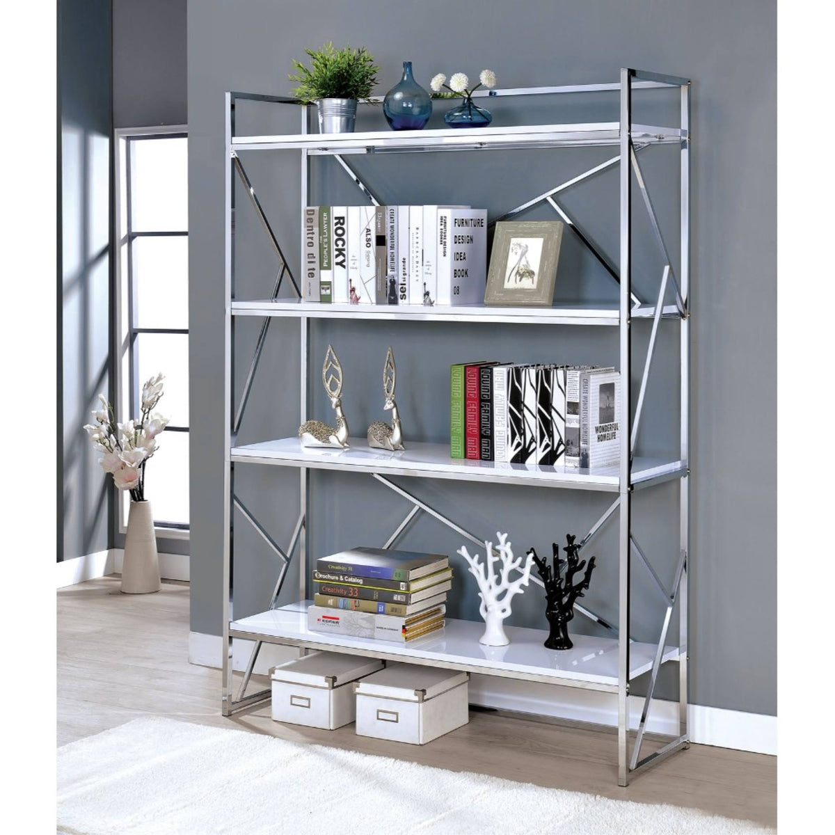 White and Silver Four Shelf Metal Bookcase Z496