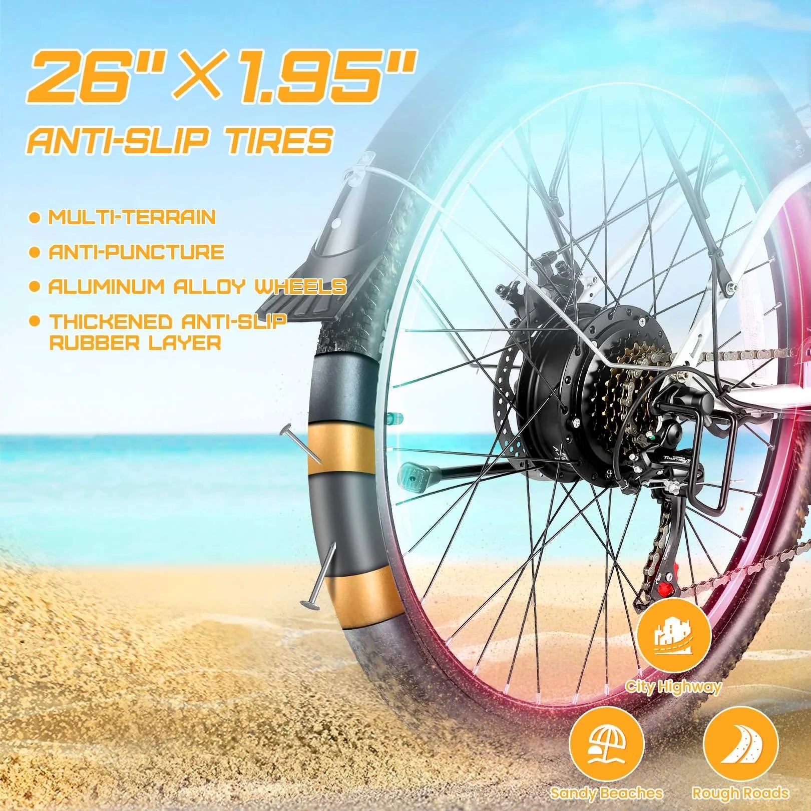 26 in. Electric Bicycle 500W 48V 7 Speed Gears Ebike Y668