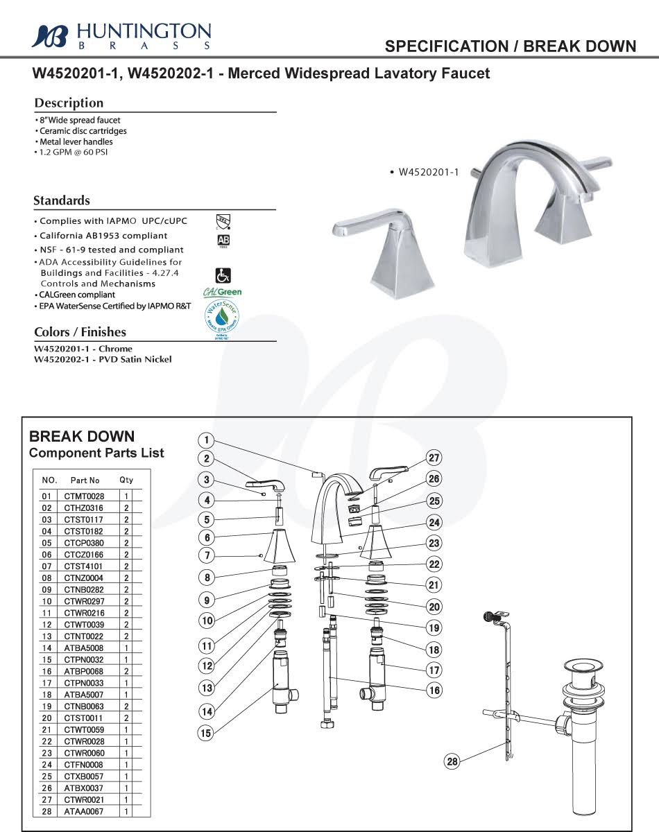 Chrome Two Handle 8 Widespread Faucet E701