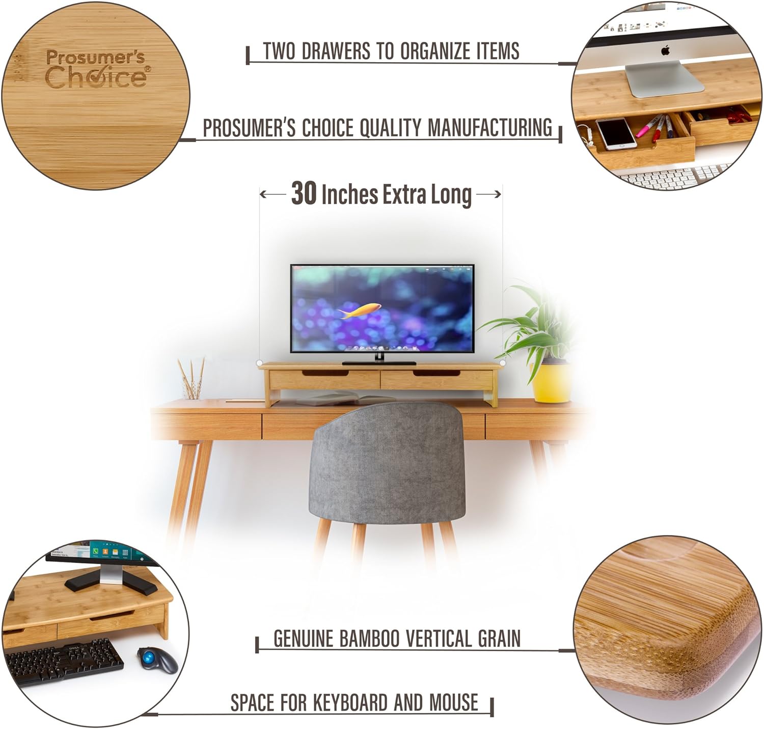 Bamboo TV/Monitor Stand and Riser with Dual Pull-Out Drawers, Extra Long 30” L112075