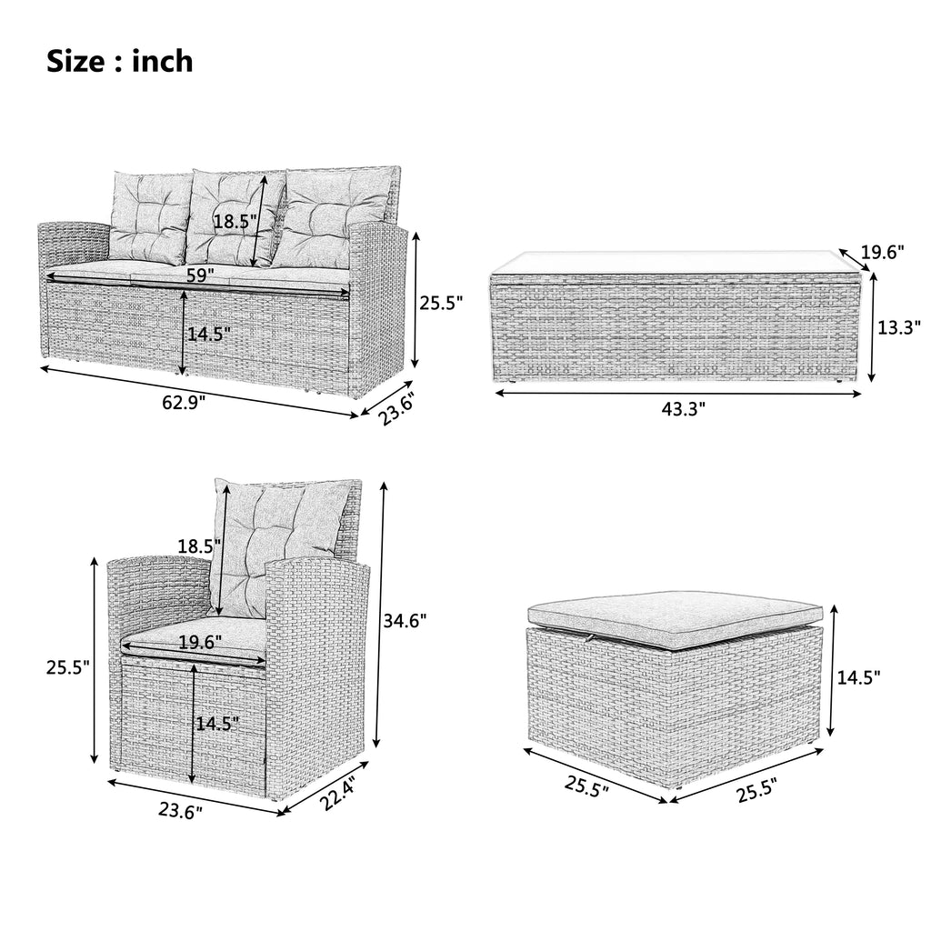 5 Piece Outdoor Patio Furniture Set with Storage Ottoman, 3 Seat Couch & 2 Arm Chairs, PE Wicker Sofa with Tempered Glass Table, Gray F966974