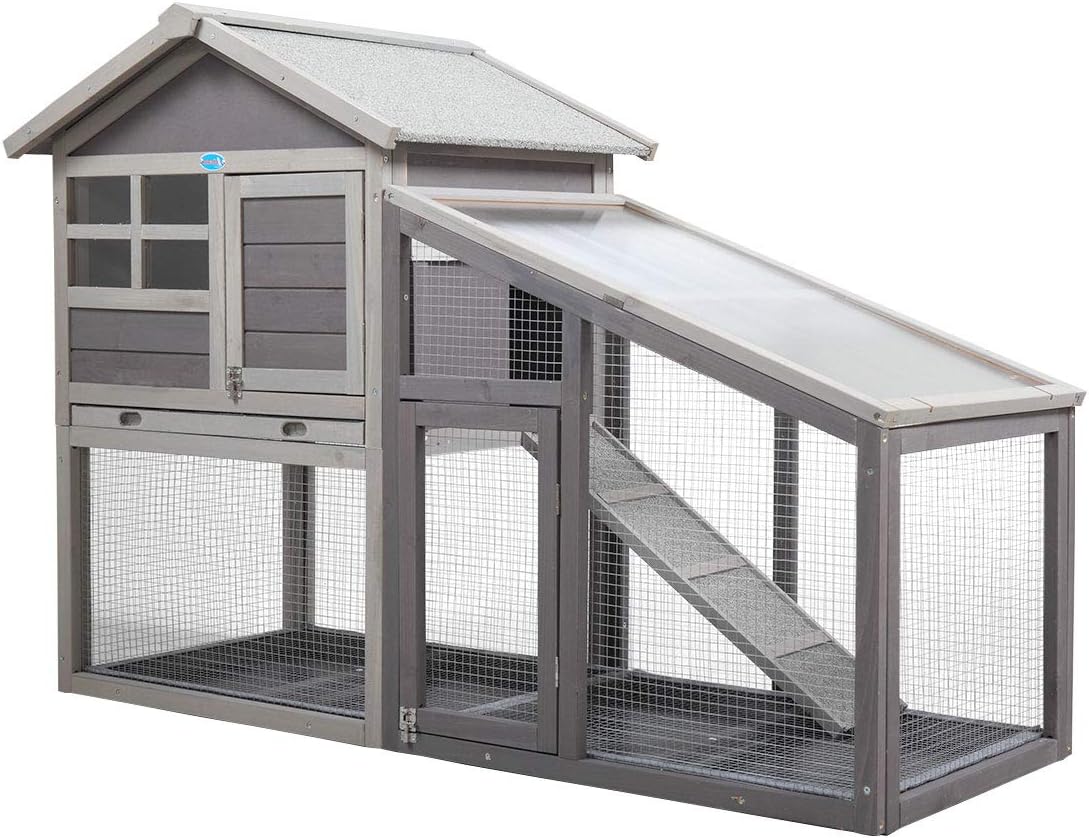Rabbit Hutch Wooden Bunny Coop Hen House Outdoor Two-Story Animal Pet cage Garden Backyard with Run, 2 Colors(Red/Gray and White) J39964