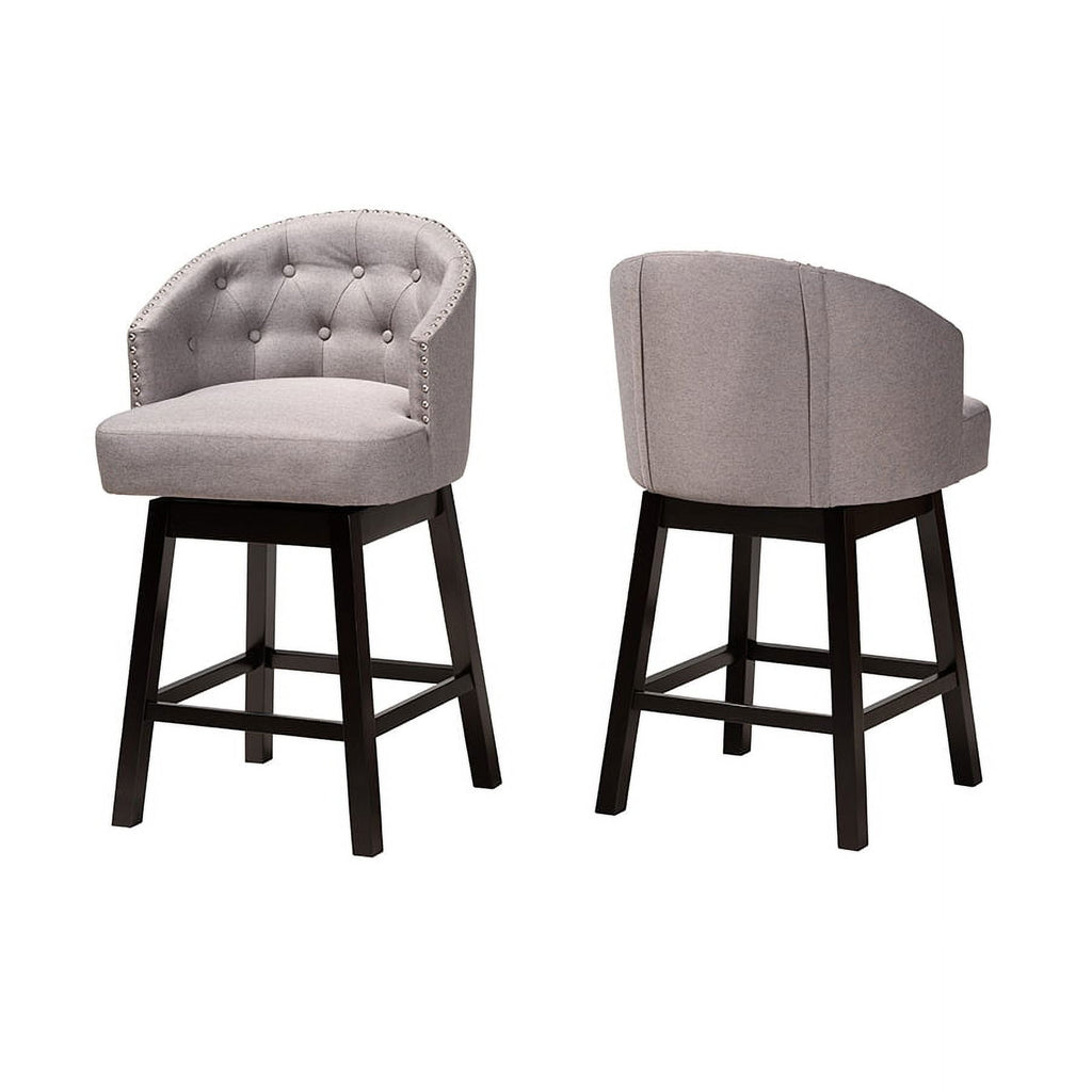 Grey Fabric and Espresso Brown Finished Wood 2-Piece Swivel Counter Stool P212