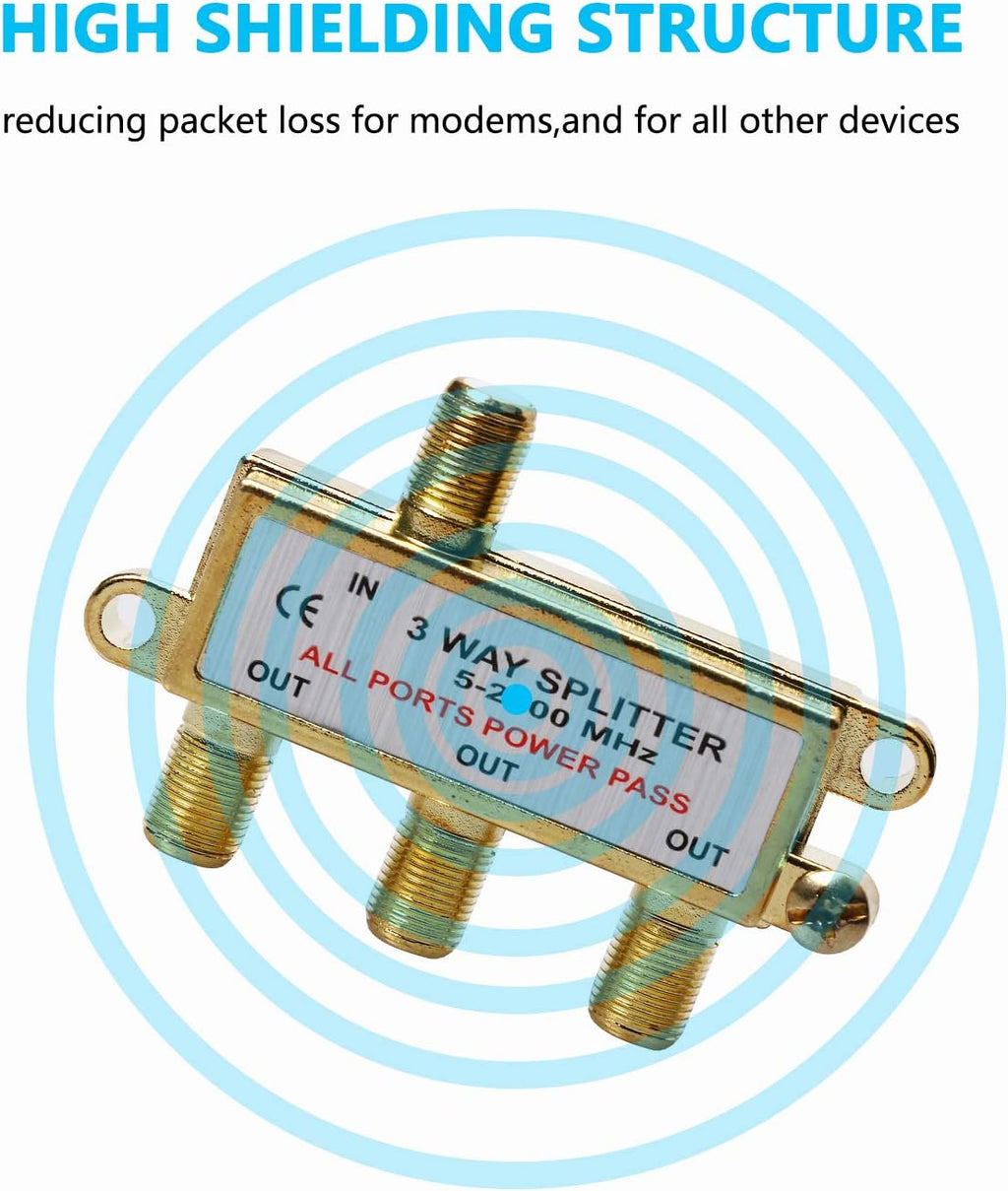 3-Way Coaxial Cable Splitter, 2.4 Ghz 5-2400 MHz, Gold Plated Connectors, 2-Pack V91377