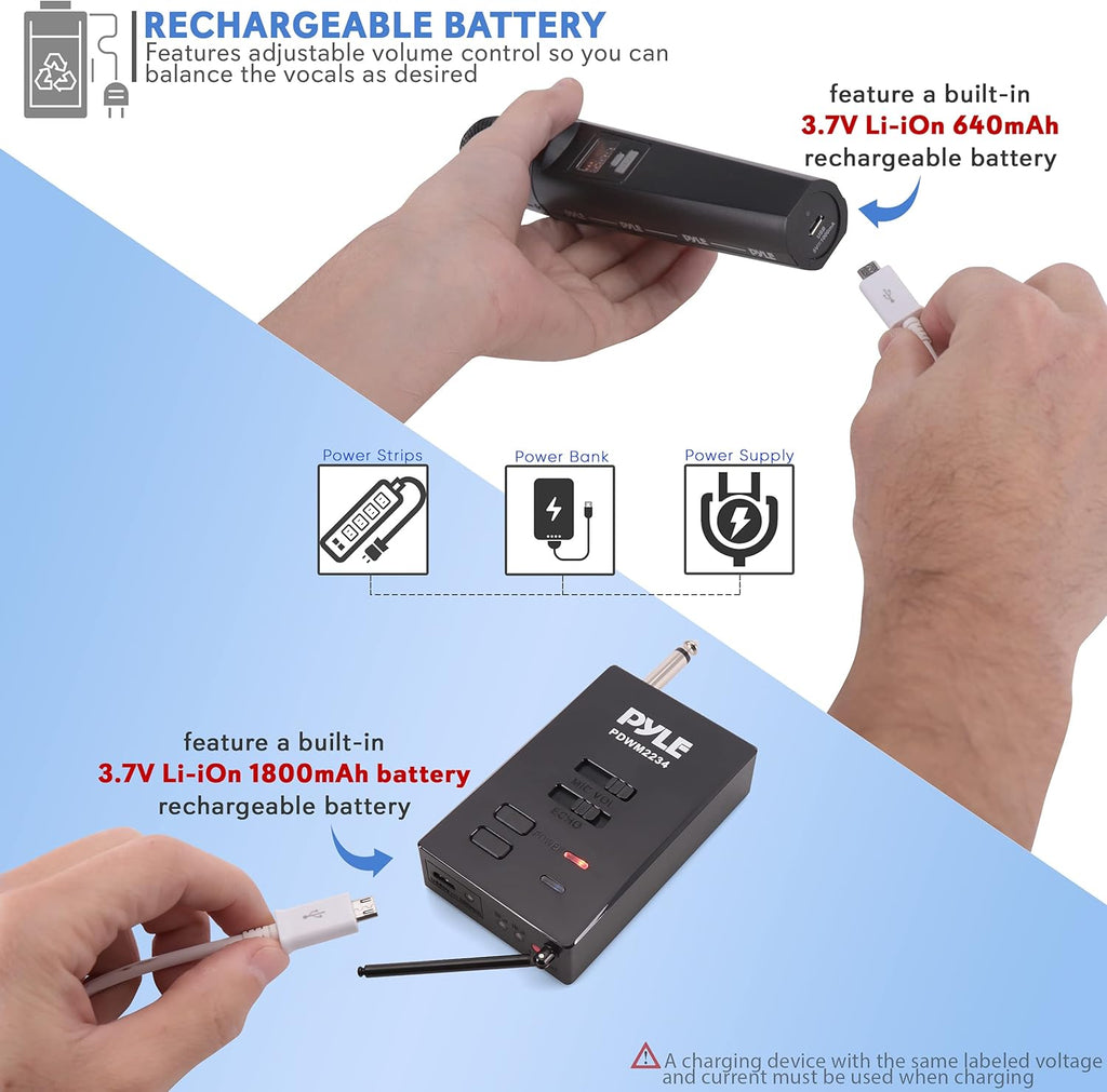 Portable Dual Wireless Microphone System with Rechargeable Battery, 2 Handheld Transmitter, 1 Receiver, Black M254132