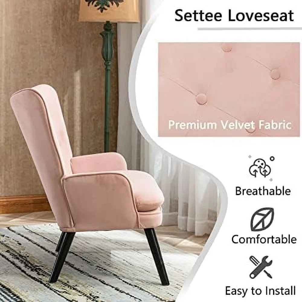 Pink Velvet Tufted Wingback Accent Chair with Solid Wood Legs A971