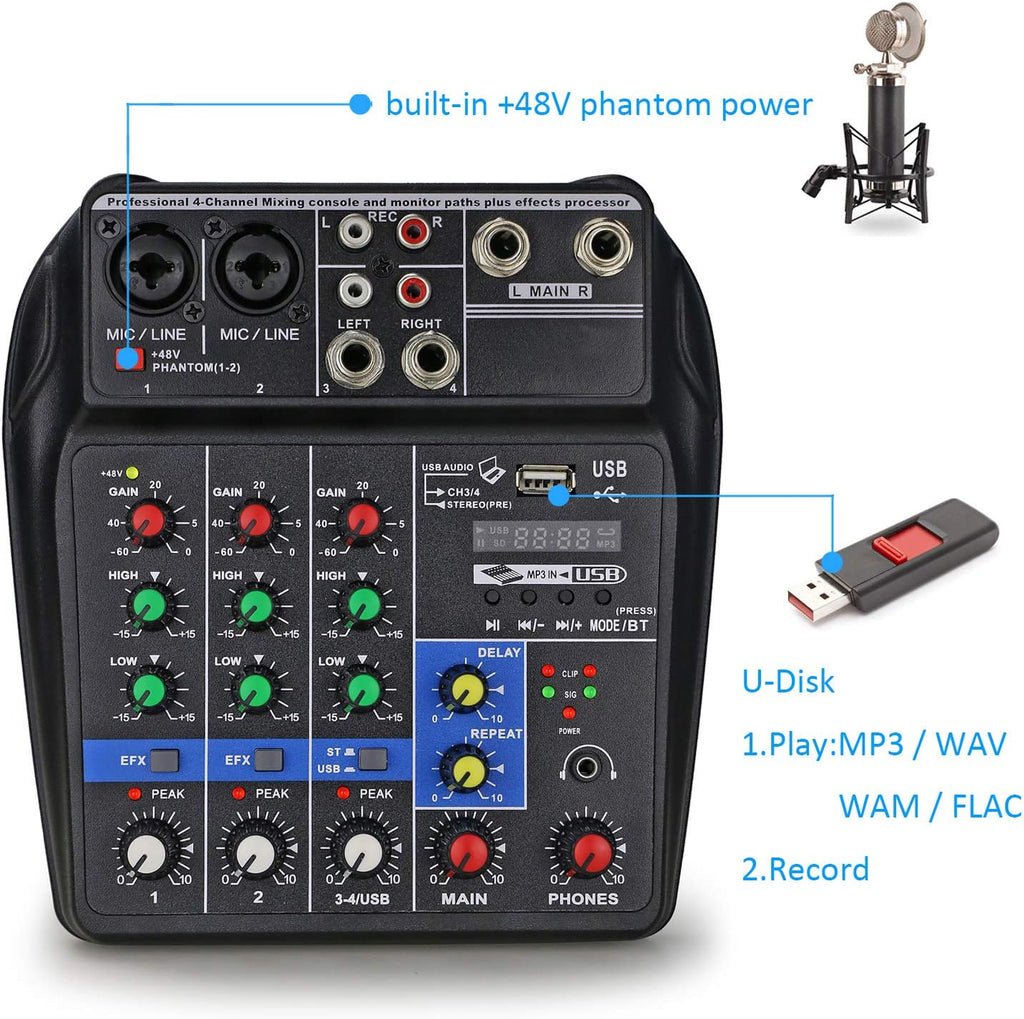 4 Channels Audio Mixer with Sound Card and 48V Phantom Power R9127