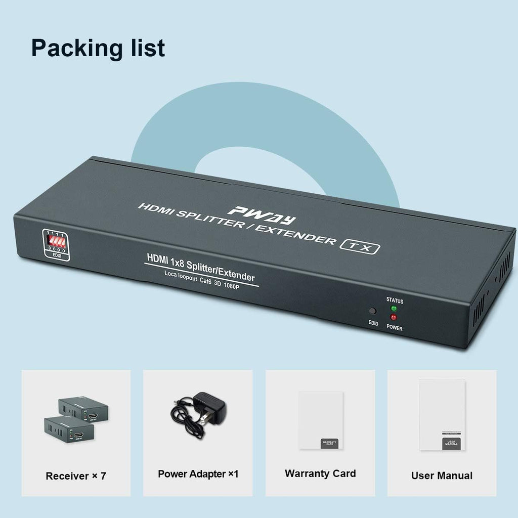 HDMI Extender Splitter 1x7 7 Port Over CAT5E/CAT6/CAT7 Ethernet Cable with HDMI Loop Out & POC Function & EDID Management, Up to 50m at 1080p 60Hz T7561
