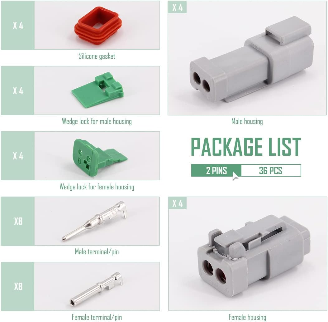 2 Pin DT Connector Kit Waterproof Electrical Connectors Solid Contacts Heavy Duty 16-20 AWG 4Pcs P2326