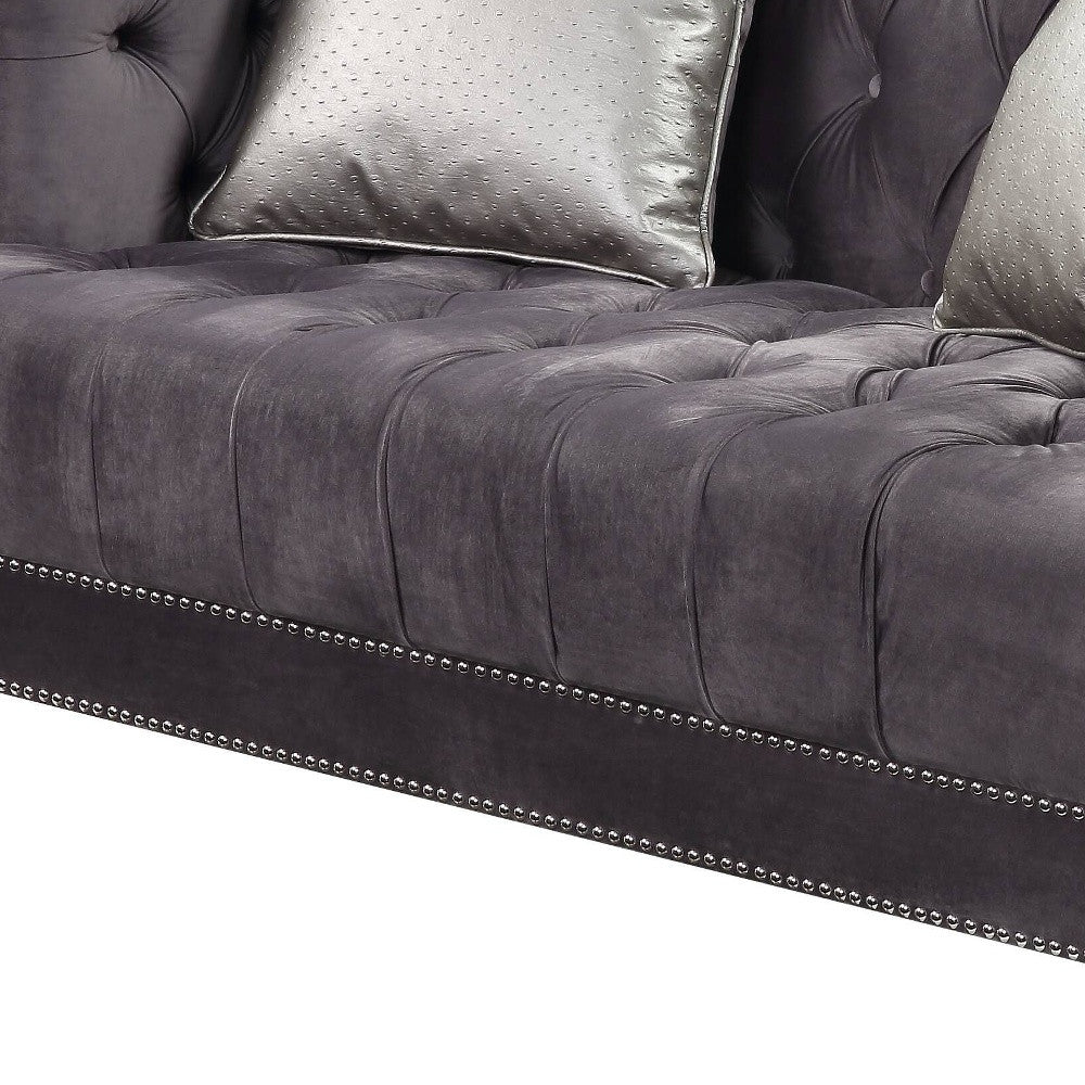 Gray Velvet Love Seat with Toss Pillows U18081