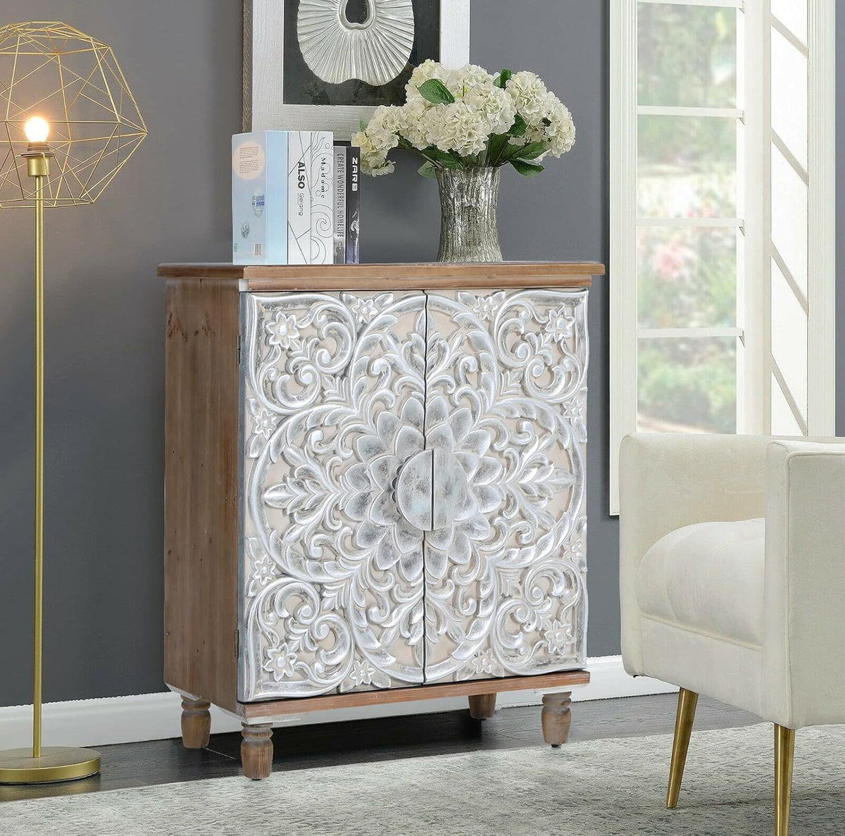 White Distressed Accent Storage Cabinet with 2 Doors G9280