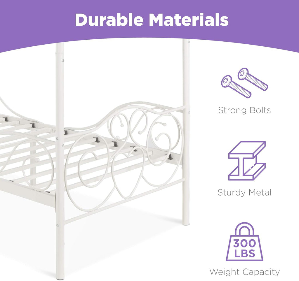 White 4-Post Metal Twin Bed Frame D2670