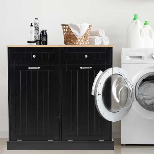 Black Tilt Out Trash Cabinet with Adjustable Shelf and Hideaway Drawers Y89024