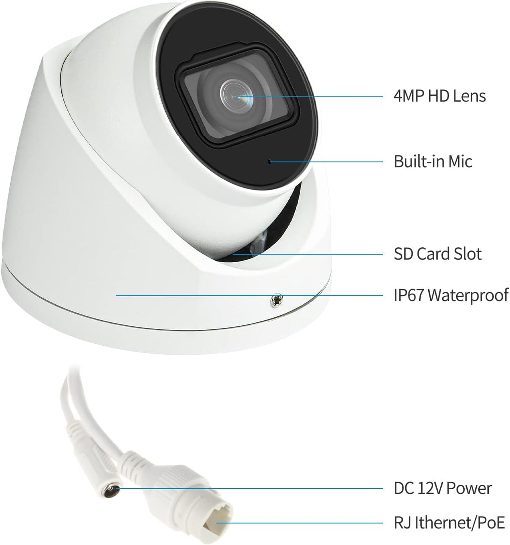 4MP PoE Dome Camera with 2.8mm Lens, 98ft Night Vision, IP67 Y315