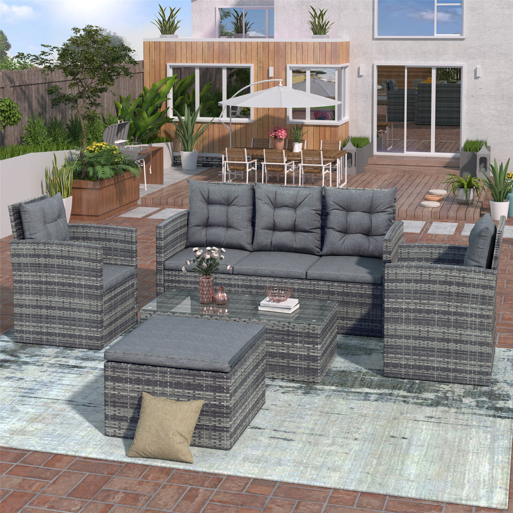 5 Piece Outdoor Patio Furniture Set with Storage Ottoman, 3 Seat Couch & 2 Arm Chairs, PE Wicker Sofa with Tempered Glass Table, Gray F966974